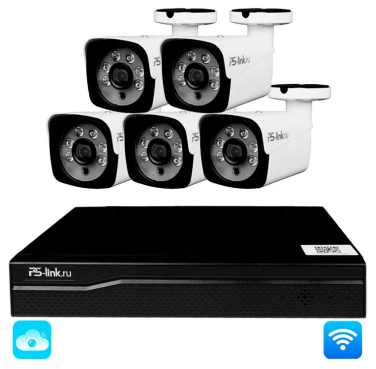 Комплект видеонаблюдения WIFI 5Мп KIT-W505TB беспроводной, 5 камер для улицы, ночное видение, удаленный доступ